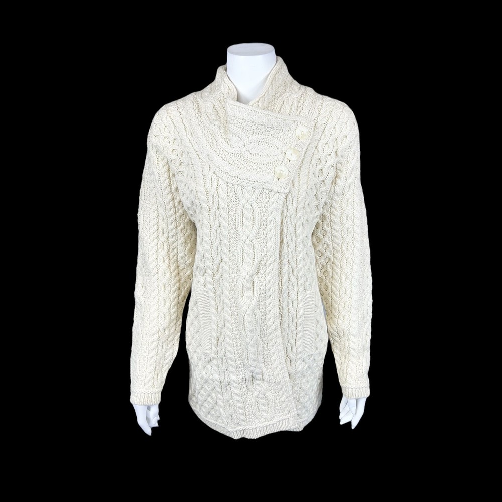 Aran Craft Merino Wool Long Cardigan with Button Collar Closure Natural Large Sz